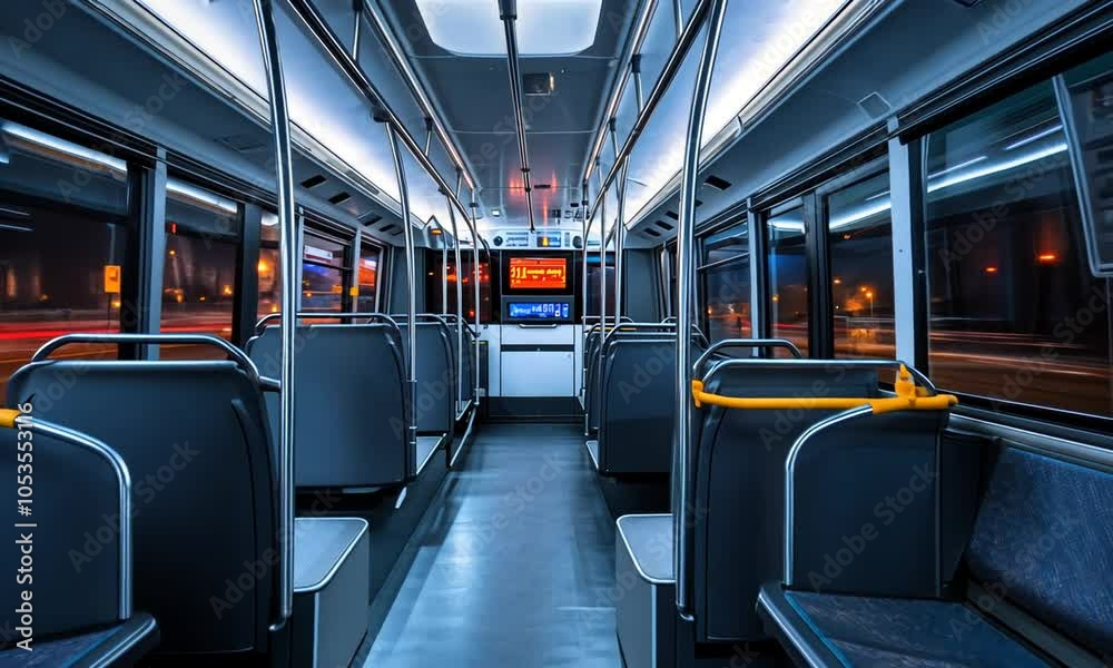 A modern, empty bus interior illuminated by artificial lights at night.