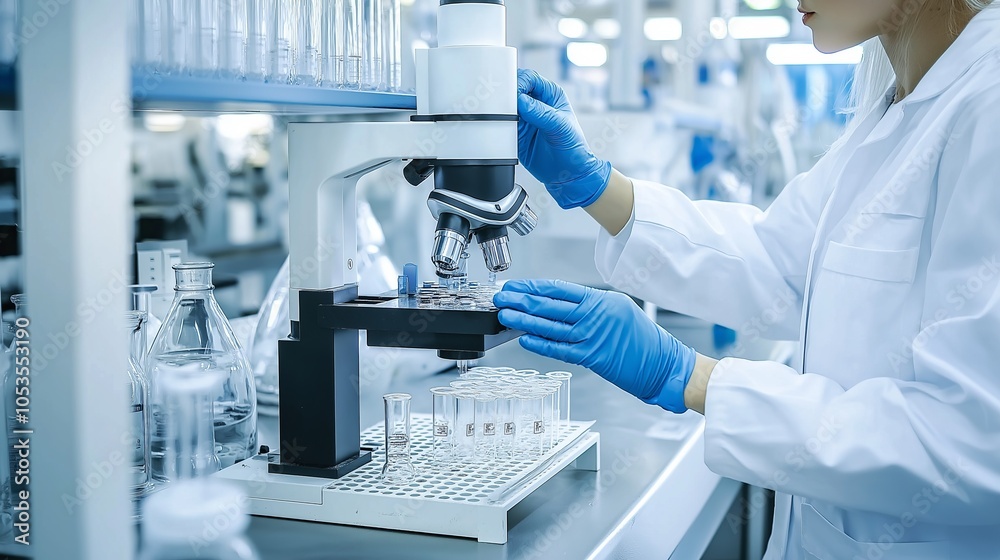 A scientist in a lab coat uses a microscope to examine samples in test tubes. A scientist in a lab coat uses a microscope to examine samples in test tubes.