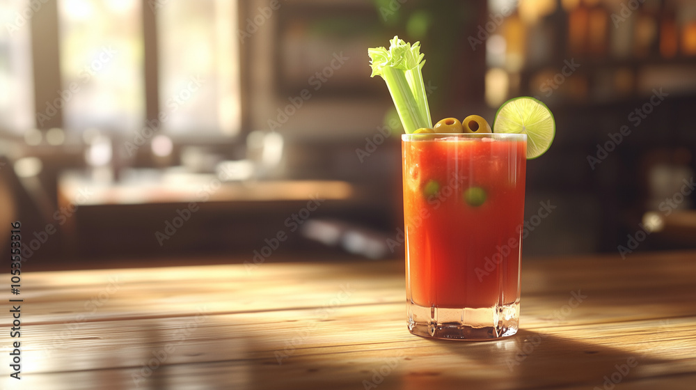 Bloody Mary with Celery, Lime, and Olives on Sunny Bar Table Bloody Mary with Celery, Lime, and Olives on Sunny Bar Table