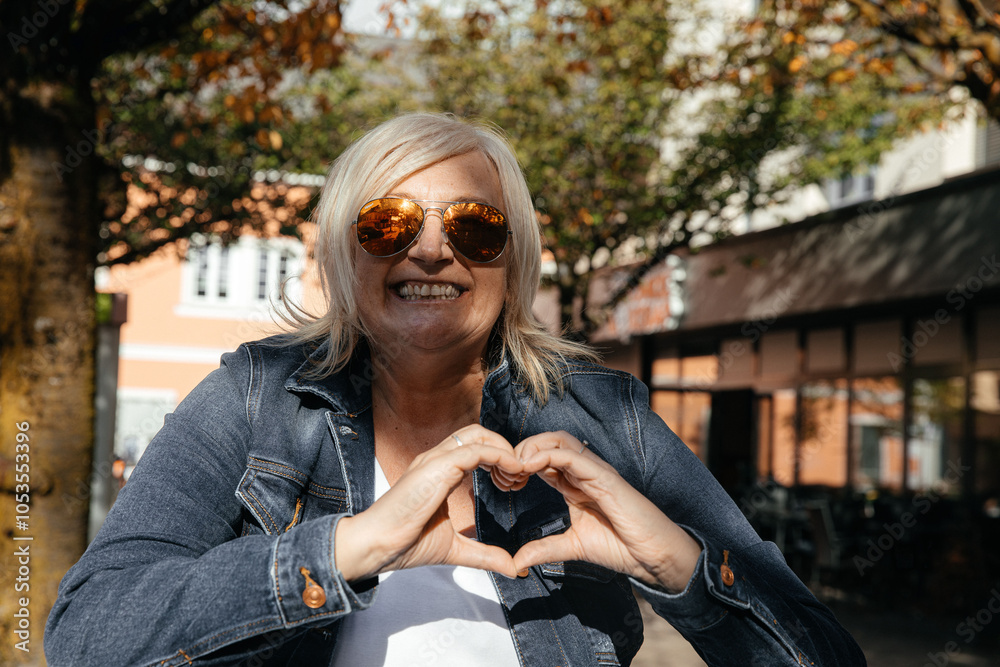 Fototapeta premium Happy woman with sunglasses making heart gesture in outdoor urban setting
