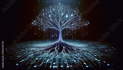 Neural Network Tree Concept - Digital Deep Learning Representation with Branching Neural Pathways, Abstract AI Design, No People