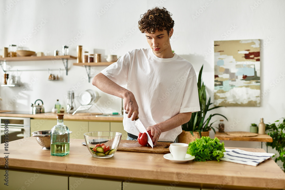 A stylish young man is chopping vegetables to create a vibrant salad while enjoying his time in a sleek kitchen. A stylish young man is chopping vegetables to create a vibrant salad while enjoying his time in a sleek kitchen.