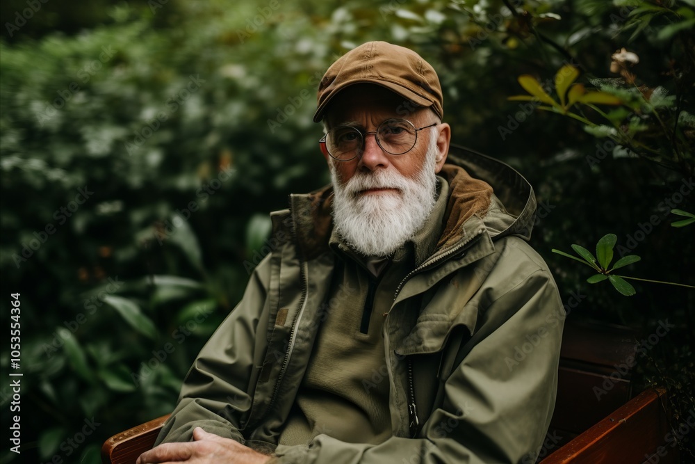 Portrait of a senior man with a gray beard in a green jacket and cap sitting on a bench in the park. Portrait of a senior man with a gray beard in a green jacket and cap sitting on a bench in the park.