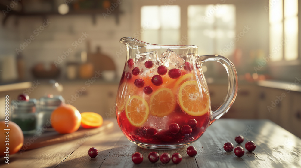 Cranberry Citrus Punch with Fresh Oranges and Ice in Pitcher Cranberry Citrus Punch with Fresh Oranges and Ice in Pitcher