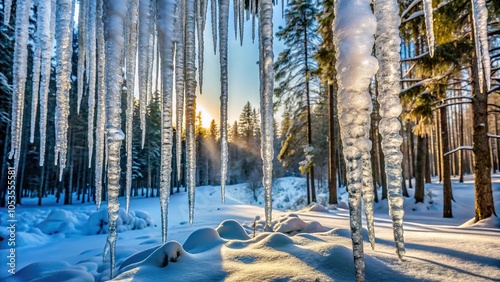 Winter forest landscape with icicles hanging from trees