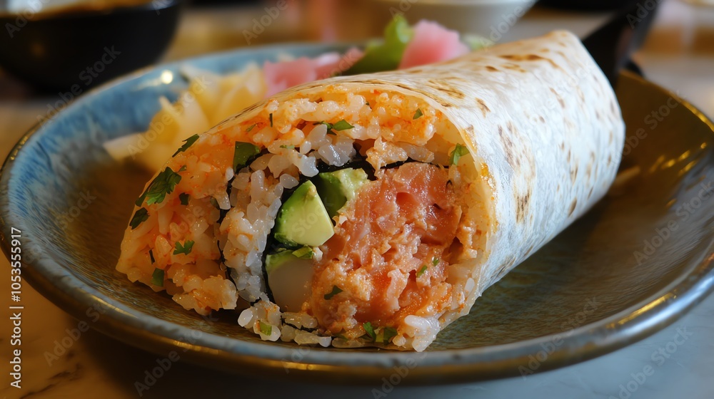 Delicious sushi roll filled with salmon and avocado on a blue plate. Delicious sushi roll filled with salmon and avocado on a blue plate.