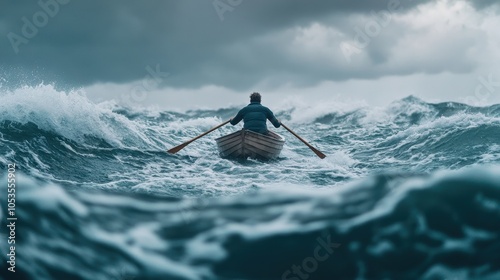 A person rowing a boat through stormy waters, capturing the essence of resilience and determination amidst dramatic waves and intense weather, symbolizing the journey through life's challenges.