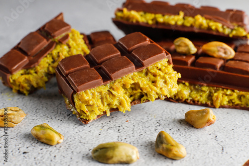 Homemade Dubai chocolate bar with pistachio paste and kadaifi dough.