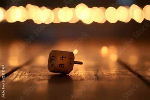 Hanukkah Dreidel Spinning: A dynamic shot of a dreidel spinning on a wooden surface, with the Hebrew letters clearly visible. The background features a soft bokeh effect from string lights, emphasizin photo