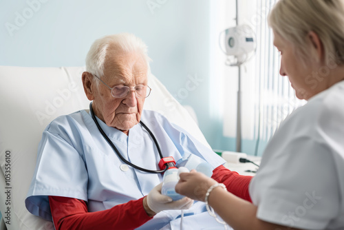 The measuring blood sugar levels in elderly people in a nursing home where an elderly man