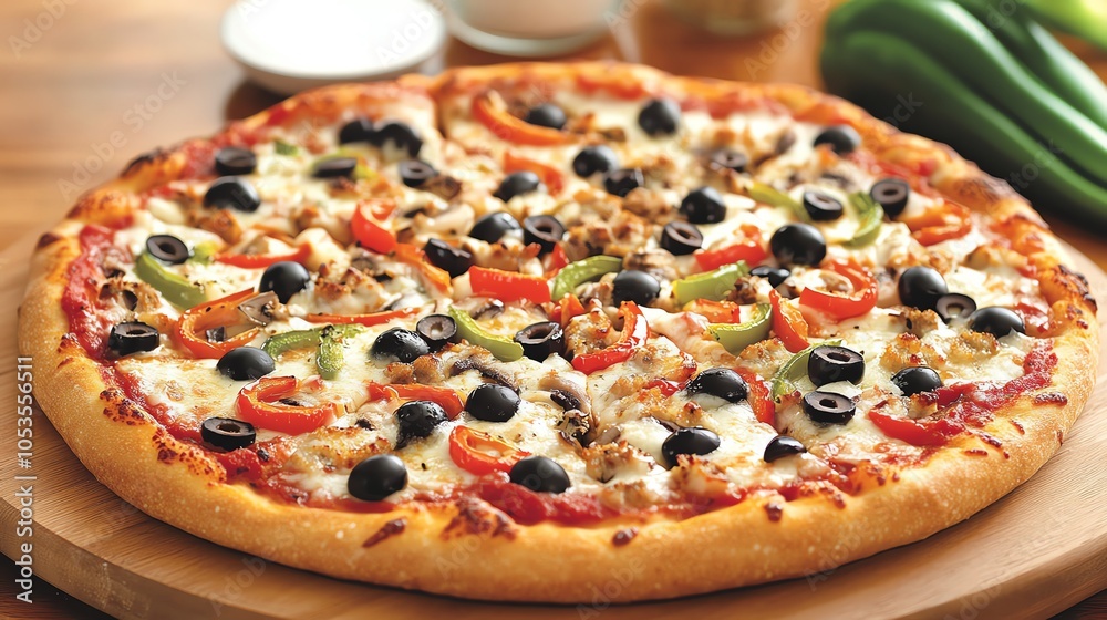 Deliciously topped pizza on a wooden board, featuring olives, peppers, and a mouthwatering cheese blend. Deliciously topped pizza on a wooden board, featuring olives, peppers, and a mouthwatering cheese blend.