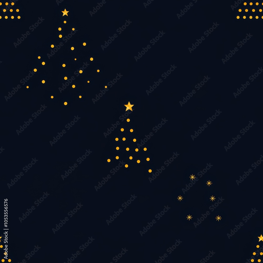 Fototapeta premium A festive design featuring stylized Christmas trees adorned with lights and stars against a dark background, evoking a cheerful holiday spirit. Seamless pattern.