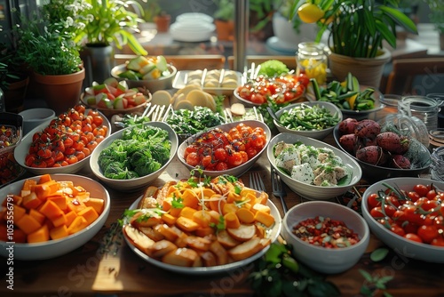 A vegetarian dinner with a spread of fresh salads, roasted vegetables