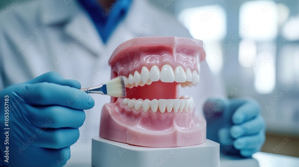 A dental model being brushed to demonstrate oral hygiene practices. A dental model being brushed to demonstrate oral hygiene practices.