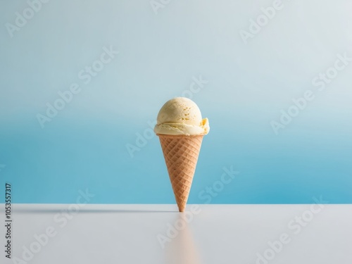 Ice cream cone with melon flavor on a blue background. photo