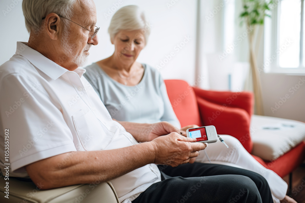 The measuring blood sugar levels in elderly people in a nursing home where an elderly man sits on a sofa