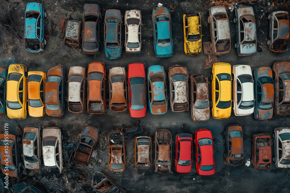 Aerial view of a junkyard filled with old and rusted cars Generative AI image Aerial view of a junkyard filled with old and rusted cars Generative AI image
