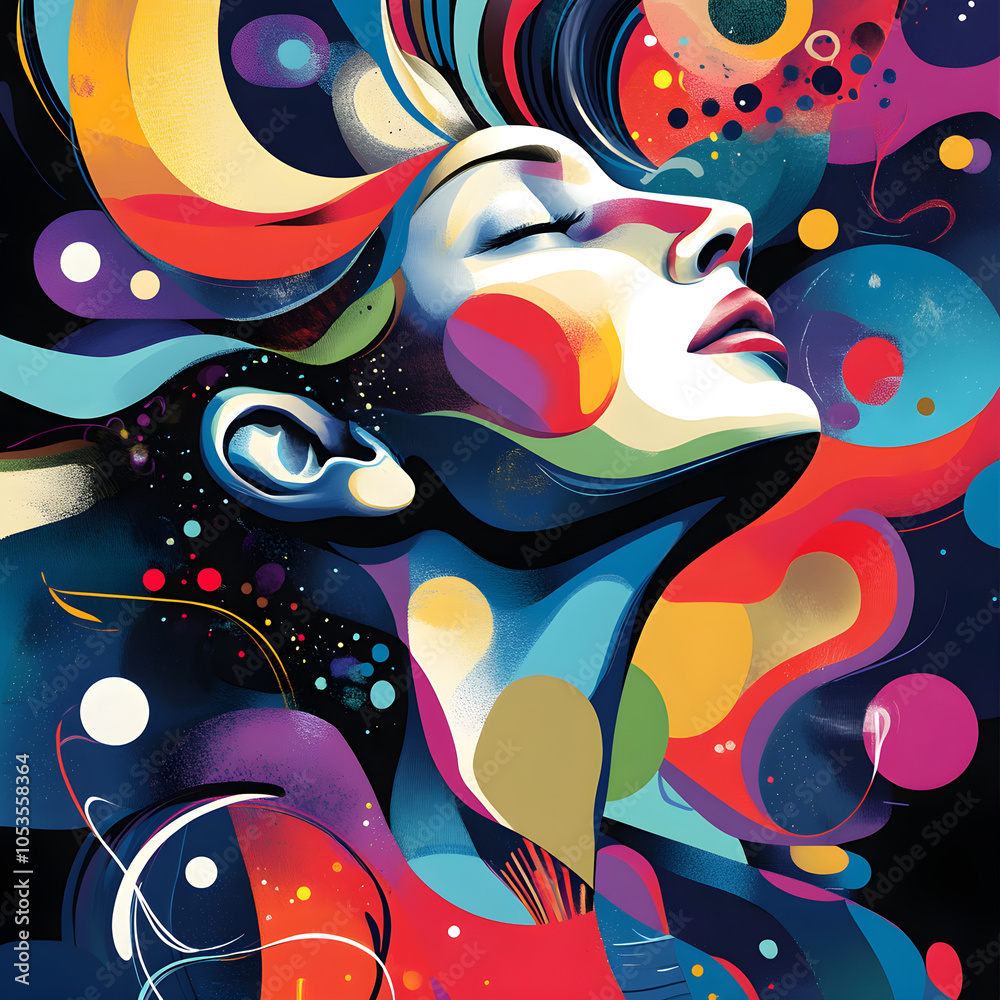 Vibrant vector illustration of a serene woman with closed eyes, connected to an abstract, colorful universe Vibrant vector illustration of a serene woman with closed eyes, connected to an abstract, colorful universe
