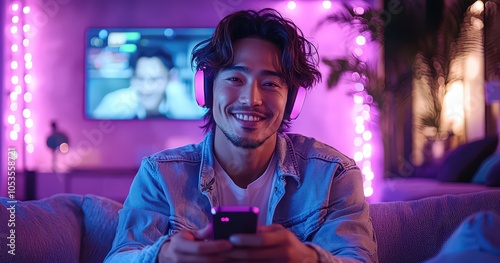 An Asian man is playing mobile games on his phone, wearing headphones and smiling while sitting at the table in front of him with purple neon lights 