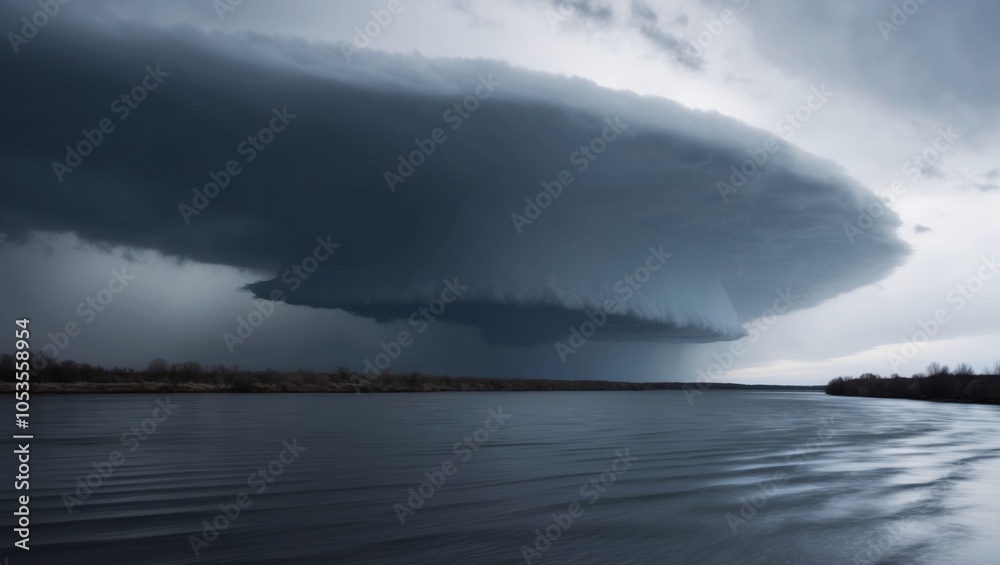 Dramatic Storm Clouds Over River with Ripple Effect. Dramatic Storm Clouds Over River with Ripple Effect.