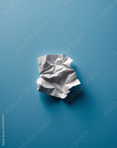 A torn piece of paper with jagged edges sits on a blue background. photo