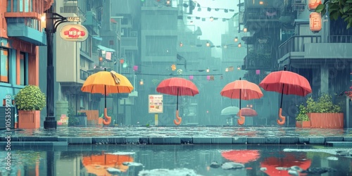 Umbrella Haven, a whimsical 2D platformer level featuring a puddle-filled floor and floating umbrellas as unique jump points. photo