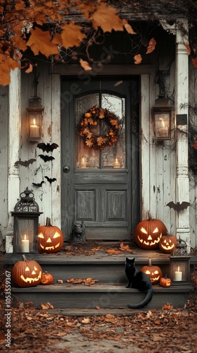 Cozy Autumn Cottage Entrance: Embrace the Warmth of Fall with Rustic Charm and Holiday Glow