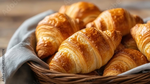 A wicker basket filled with golden, flaky croissants, showcasing buttery layers and a crisp exterior, perfect for breakfast or brunch.