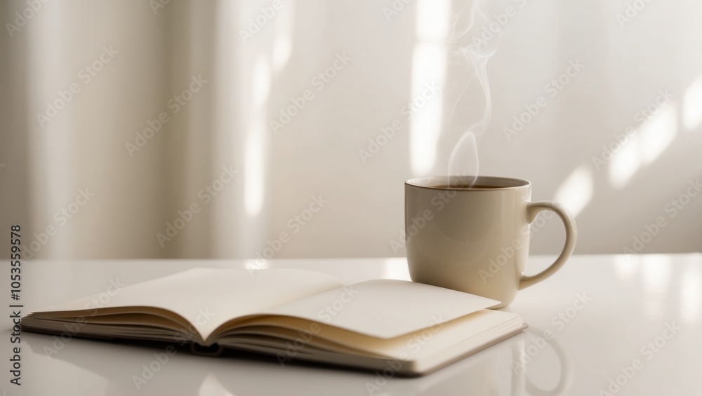 A Cozy Desk Setup with a Mug and Notebook. A Cozy Desk Setup with a Mug and Notebook.
