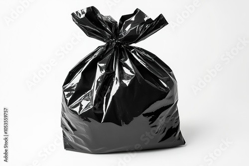 Black trash bag isolated on a clean white background for waste disposal and recycling purposes photo