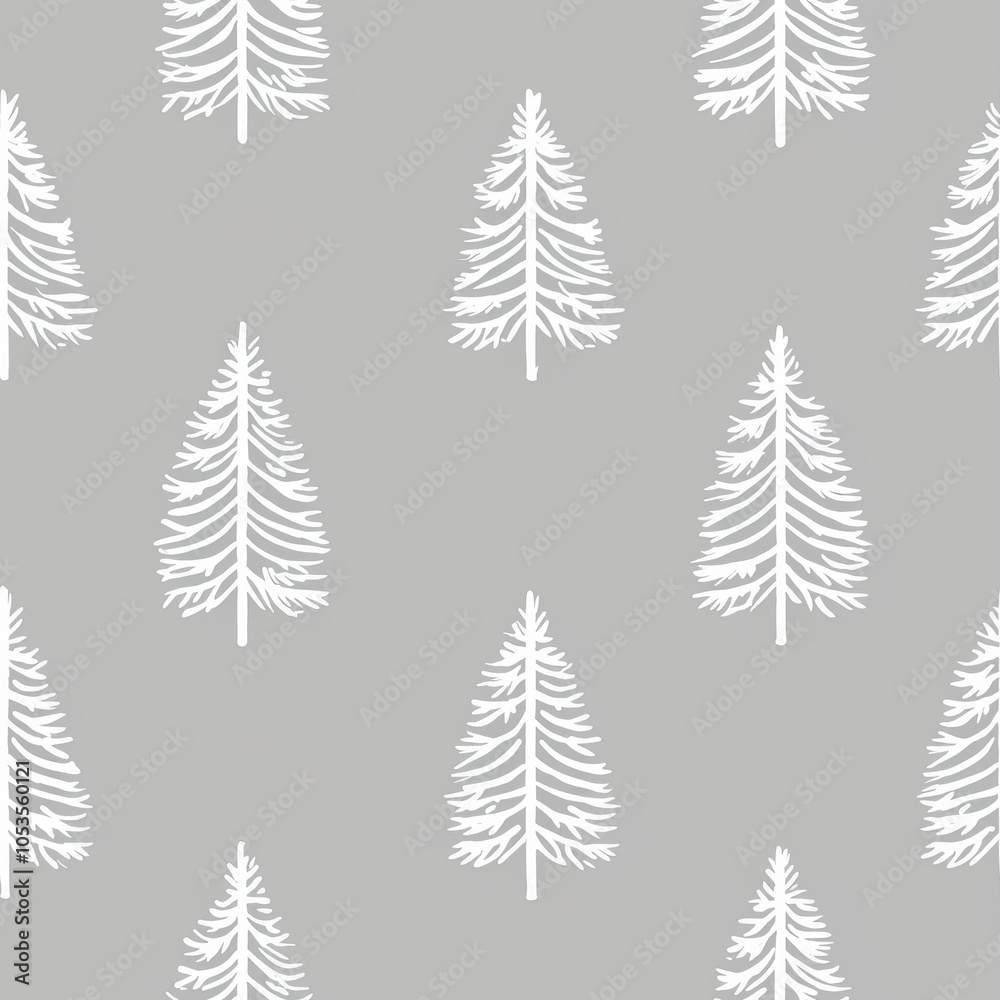 Obraz premium A pattern of white coniferous trees is displayed against a soft gray background, creating a minimalist and modern design. Seamless pattern.