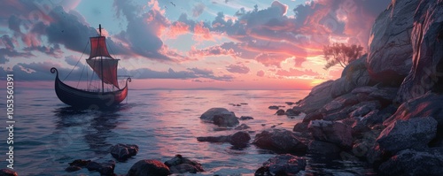 Viking ship approaching rocky shores at dawn, 4K hyperrealistic photo