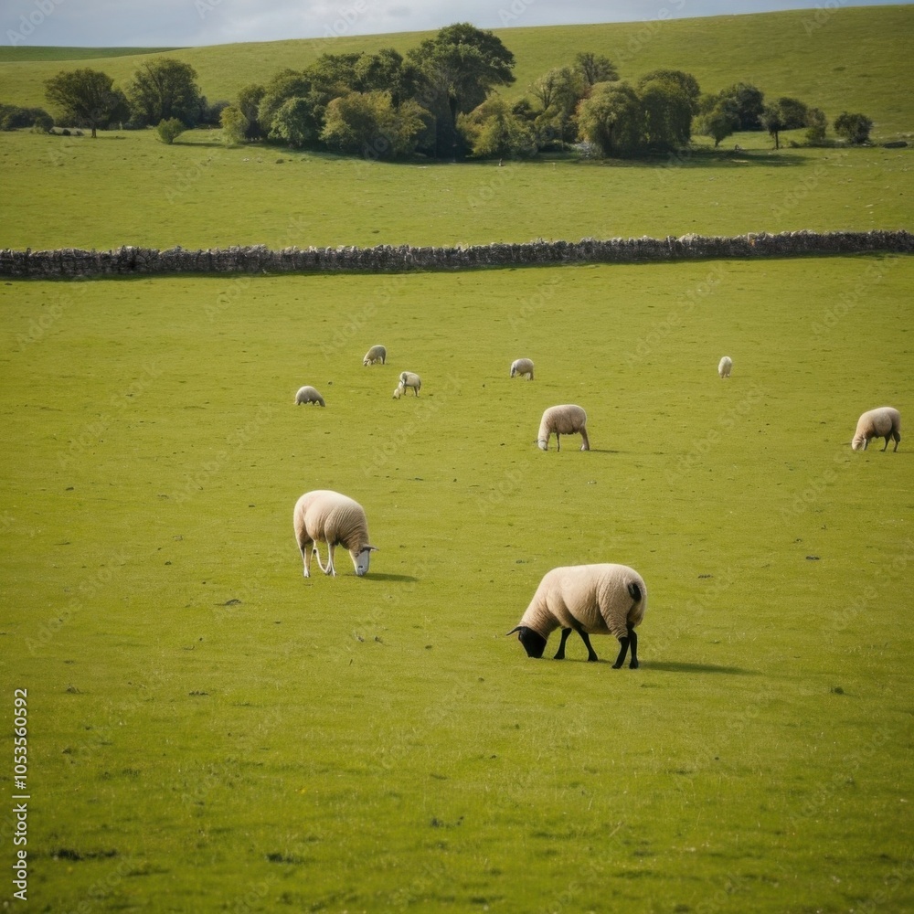 Fototapeta premium Sheep Grazing in a Vast Open Field with Clear Sky and Green Pastures