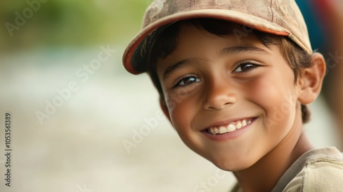 Young American boy with a baseball cap and a joyful smile.