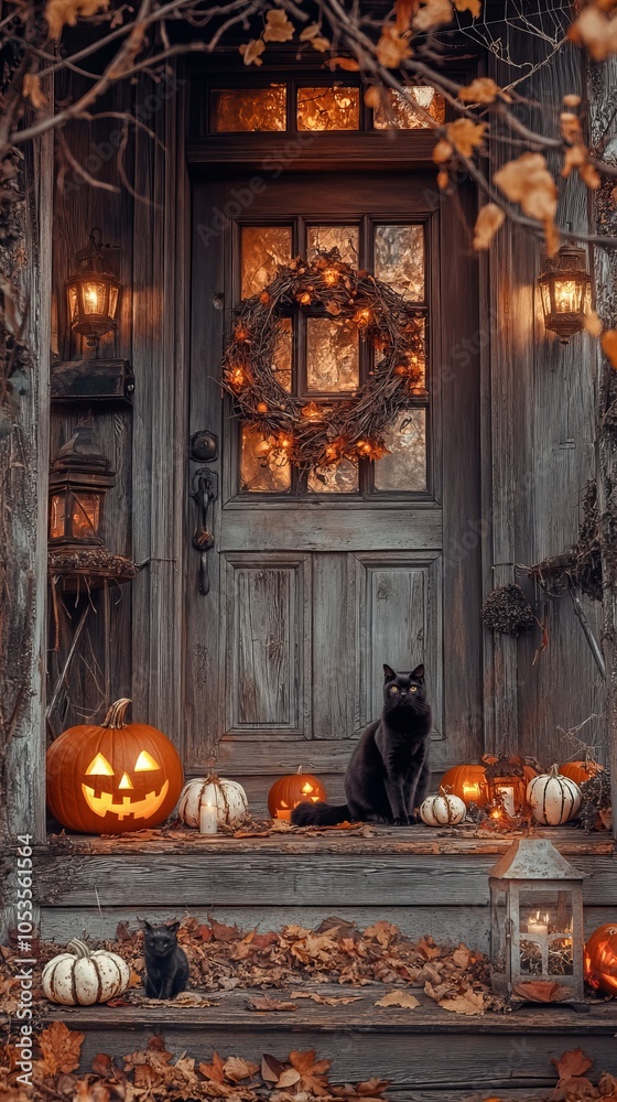 Obraz premium Cozy Autumn Cottage Entrance: Embrace the Warmth of Fall with Rustic Charm and Holiday Glow