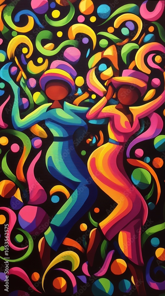 Vibrant Celebration of Dance Colorful Figures in Motion Against a Spiraled Background Vibrant Celebration of Dance Colorful Figures in Motion Against a Spiraled Background