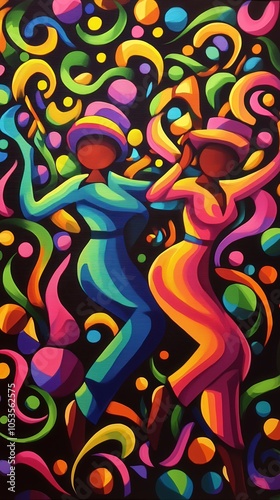 Vibrant Celebration of Dance Colorful Figures in Motion Against a Spiraled Background