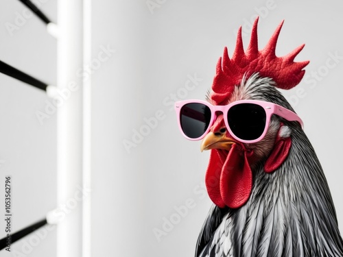 Rooster Wearing Pink Sunglasses A Fashionable Bird with a Cool Look. photo