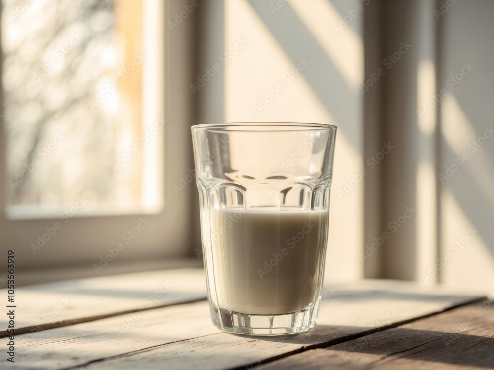 Closeup of a Glass of Milk on a Wooden Table with Sunlight Streaming Through a Window. Closeup of a Glass of Milk on a Wooden Table with Sunlight Streaming Through a Window.