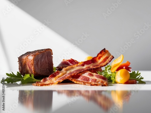 Meat food and tasty food concept - delicious bacon. photo