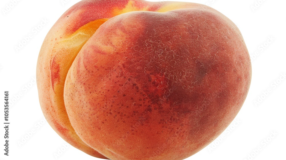 Fototapeta premium A single, ripe peach with a red blush and fuzzy skin, isolated on a white background.