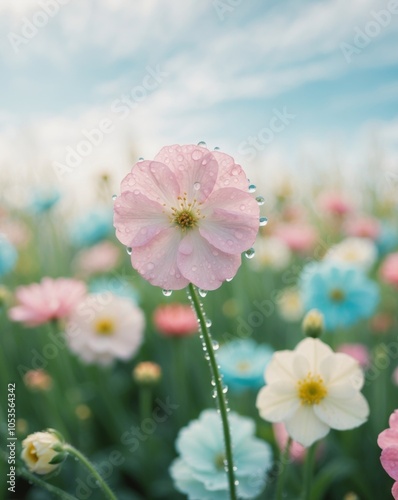 Pink Flower with Dew Drops in a Field of Flowers.