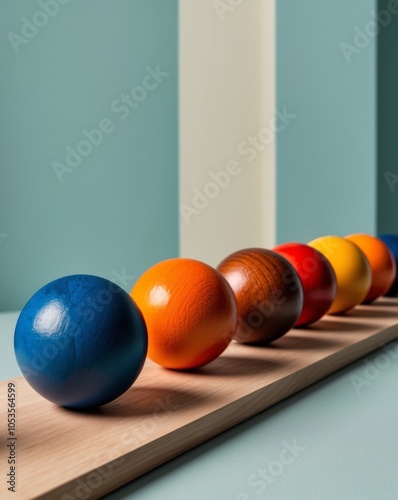 Row of colorful wooden spheres on teal background. photo