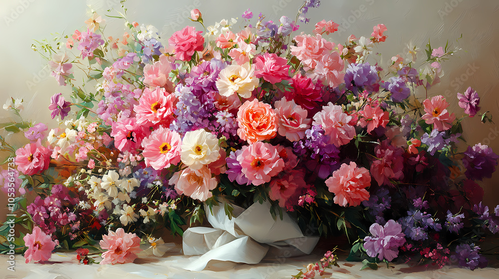 The tabletop was covered with a white paper bouquet of flowers, lighting was soft, and a sense of atmosphere was present. The tabletop was covered with a white paper bouquet of flowers, lighting was soft, and a sense of atmosphere was present.