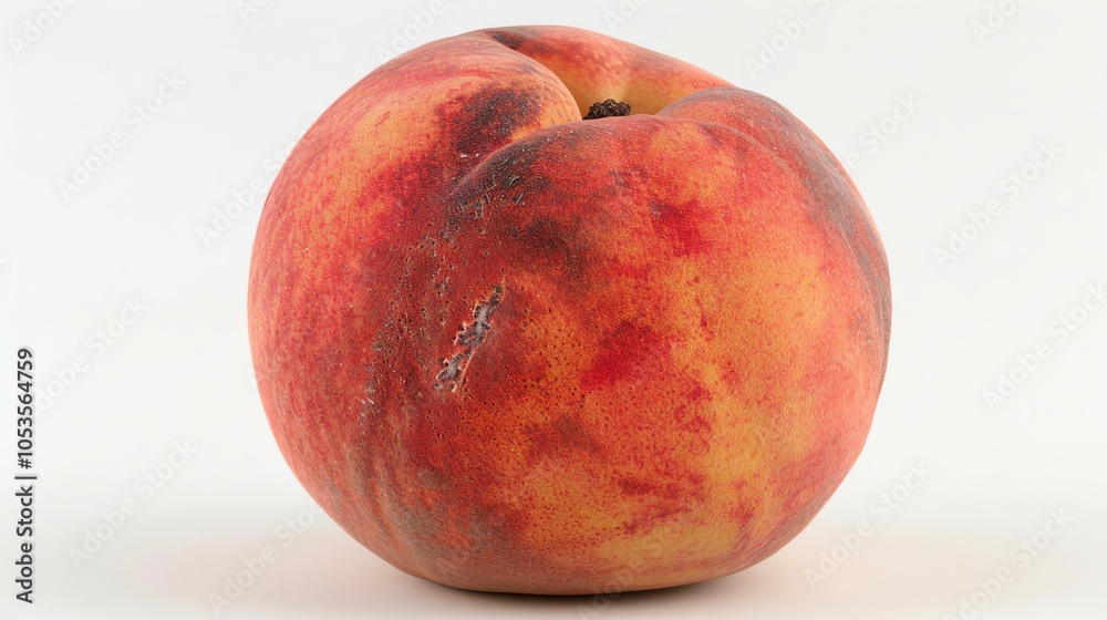 Fototapeta premium A single ripe peach with a slightly bruised side, isolated on a white background.