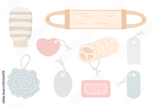 Washcloths, loofah sponge for shower, bath, massage, peeling. Pumice. Beauty, self-care tools, Bathroom, sauna elements. Cartoon flat illustration.