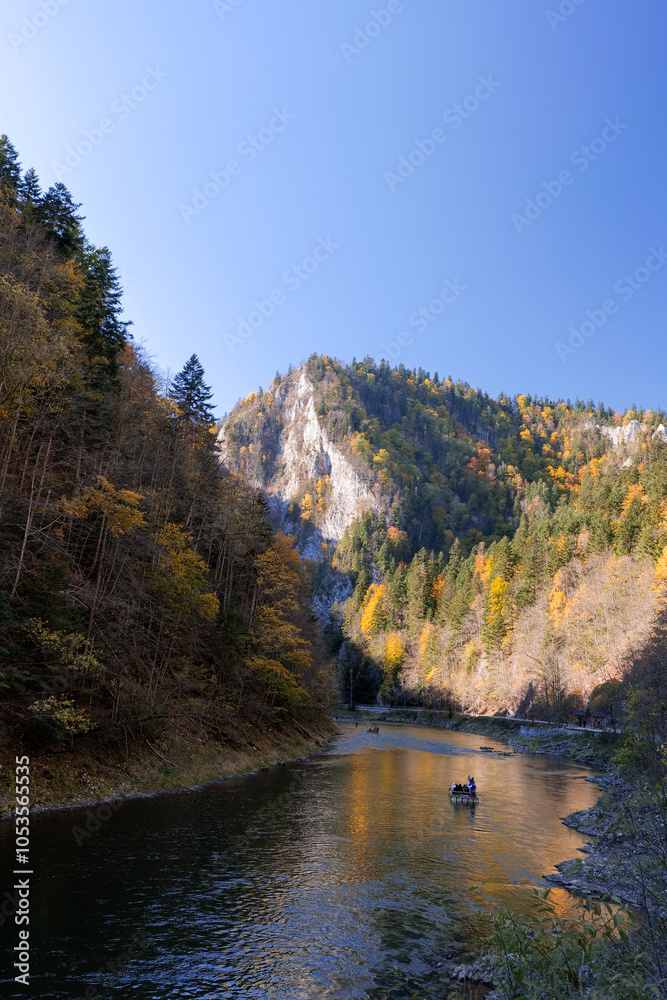 Wooden raft filled with tourists floating on the Dunajec river in the Pieniny National Park. The Dunajec Gorge in autumn. Mountains. Traditional rafting . Szczawnica, Poland