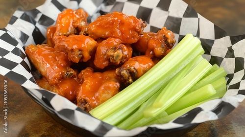 Delicious buffalo chicken wings served with fresh celery sticks in a checkered paper basket. photo