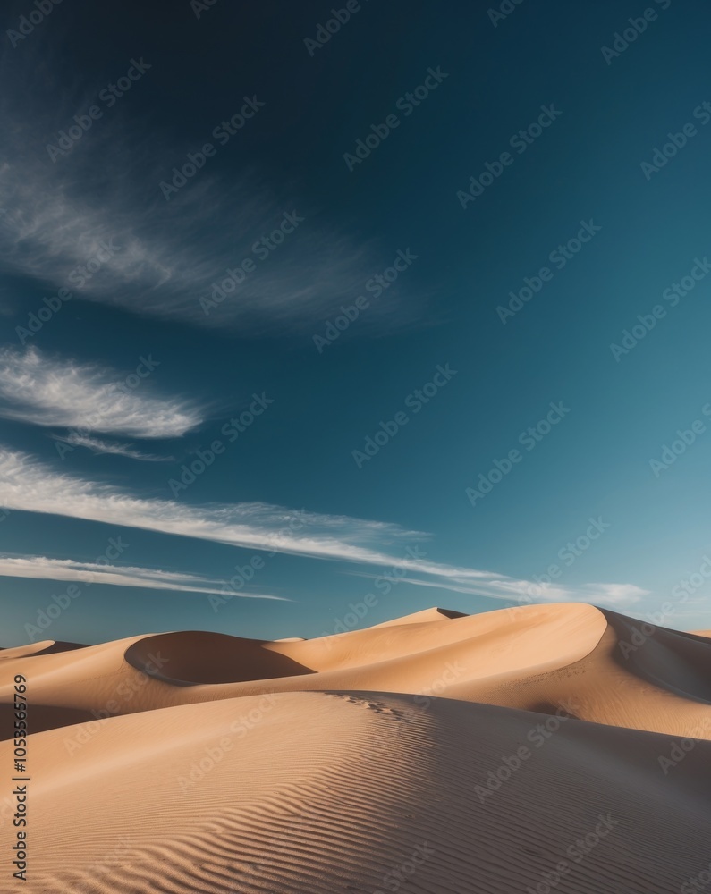 Naklejka premium Desert Landscape with Rippled Sand Dunes and Blue Sky.