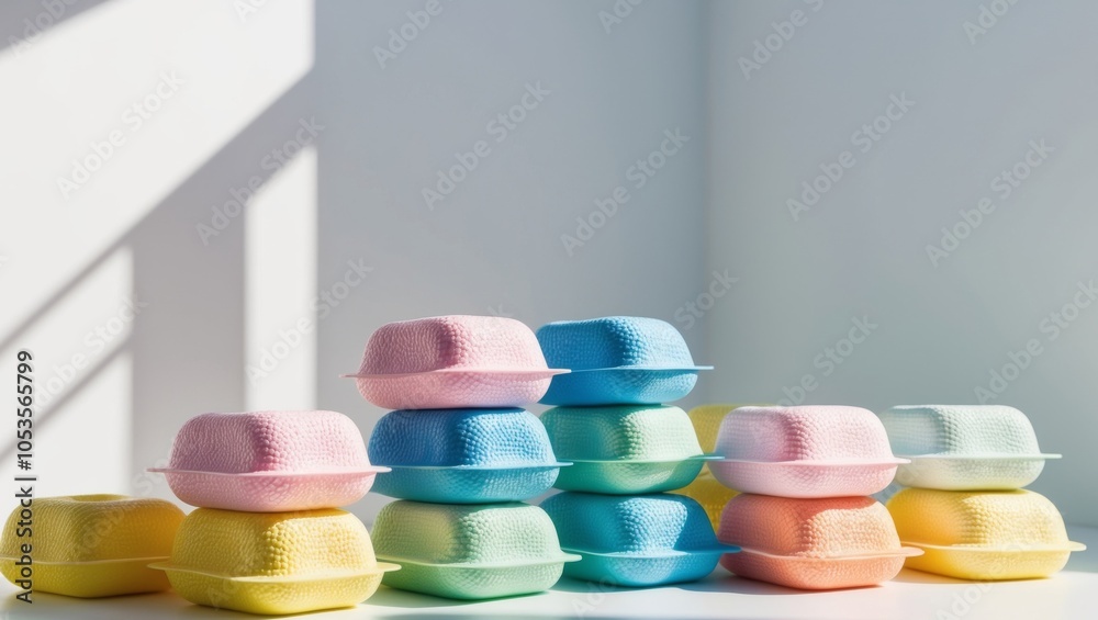 Colorful Laundry Detergent Pods in Stacks. Colorful Laundry Detergent Pods in Stacks.